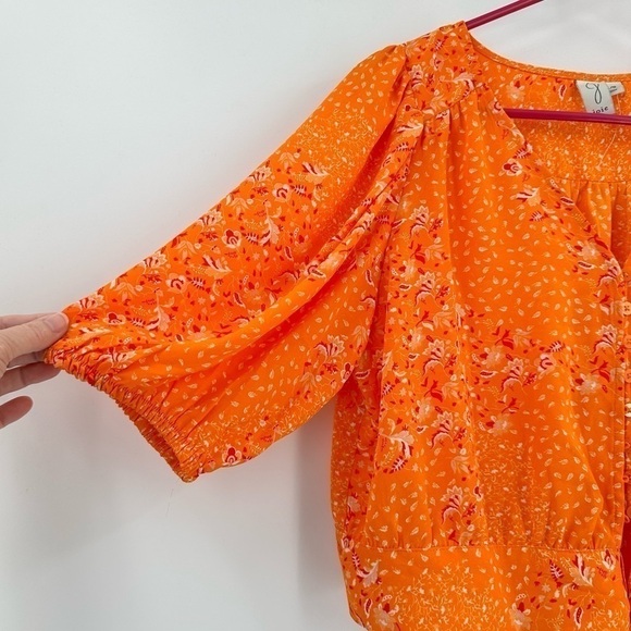 JOIE Women’s V-Neck Orange/Pink Floral Balloon Sleeve Crop Top w/Tie Size Large - Picture 6 of 14